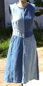 Blue Denim A-Line Shift Dress 2 Midi Sleeveless Cottage Core Patch Work - Picture 1 of 8