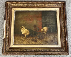 19th century Antique European "Baby Chicks in Barn" Orig. Oil Painting on Panel - Picture 1 of 19