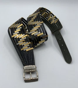 Handmade MEDIUM Black Leather Silver Gold Metal Geometric Embellished Waist Belt - Picture 1 of 5