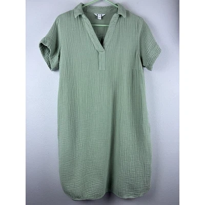 Sage Green Sz M Three Dot Gauze Shirt Dress Pockets Collared V Neck SS Dress - Image 1 of 4