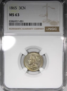 1865 Three Cent Nickel NGC MS63 Nicely Toned Type Coin - Picture 1 of 4