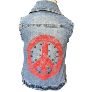 Disney Peace Sign Studded Denim Vest Kids Girls XS Blue Beaded Sleeveless y2k - Picture 1 of 10