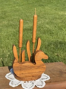 Handmade Wood Waterfowl Duck and Cattail Napkin Or Mail Holder Kitchen Decor - Picture 1 of 4
