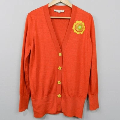 LOFT Cárdigan Suéter Talla L Naranja Mezcla Lana Botones Personalizados Parche Flor Foto 1 de 4