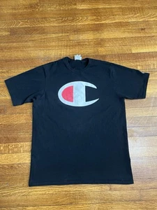 Champion Graphic Print T-Shirt Y2K Short Sleeve Big Logo Black Mens XL - Picture 1 of 7