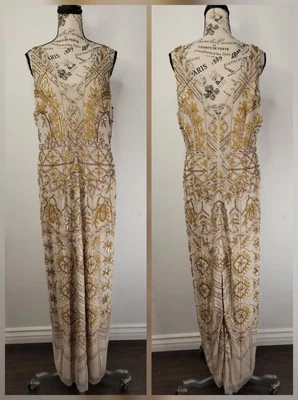 ADRIANNA PAPELL Gown Sz 14 Nude Sequin Beaded Embellished Sheer Illusion Column - Image 1 of 4