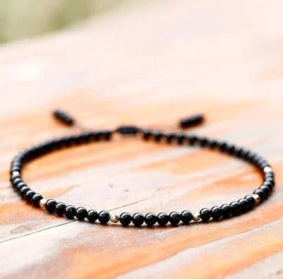 Pulsera de Obsidiana Negra - Delicada Ajustable, Joyería de Cuentas de Piedras Preciosas Naturales Foto 1 de 4