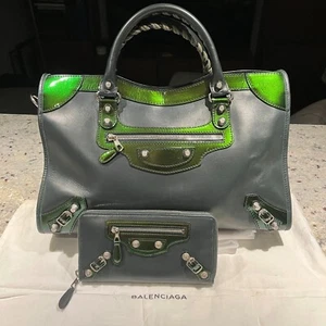 BALENCIAGA Matte Calfskin Patent Giant 12 City Green Silver Satchel Wallet Set - Picture 1 of 23