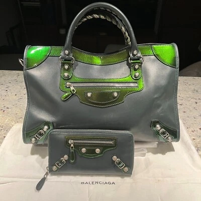 BALENCIAGA Mate Piel de becerro Patente Gigante 12 Ciudad Verde Plata Cartera Conjunto Foto 1 de 4