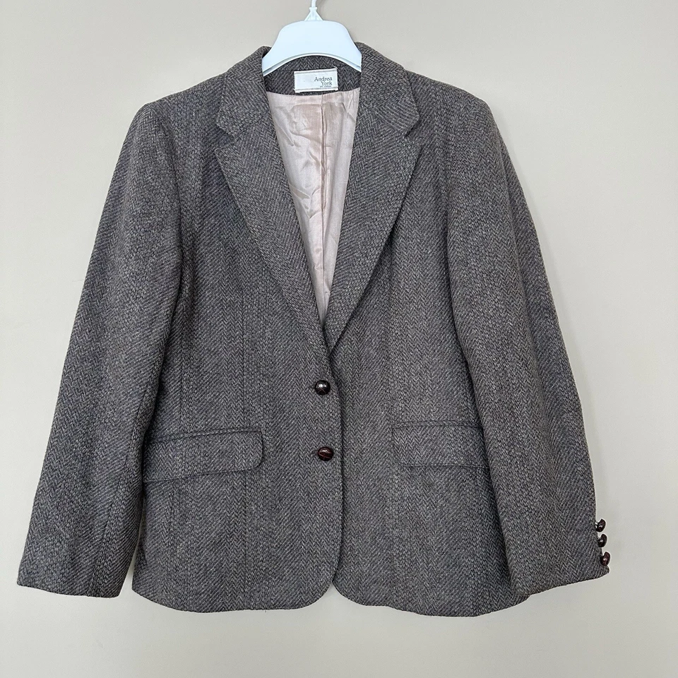 Vintage Andrea York by Farah Women 16 Wool Blazer Herringbone Academia Brown Gra - Image 1 of 4