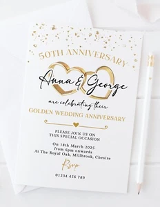 Personalised Golden Wedding Anniversary Invitations - 50th Celebration - 10 Pack - Picture 1 of 2