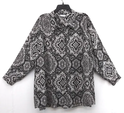 Blusa Joan Rivers Feminina Plus Size 2X Preto Branco Medalhão Transparente Botão para Cima Top - Imagem 1 de 4