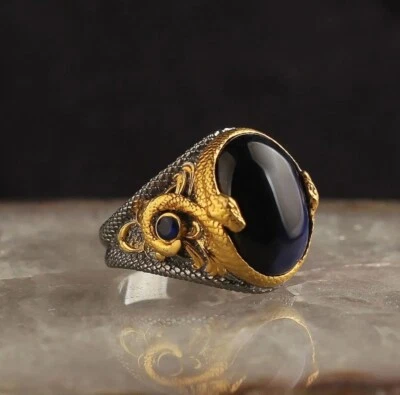 Мужское кольцо из стерлингового серебра 925 пробы с голубым тигровым глазом с родиевым покрытием - Изображение 1 из 4