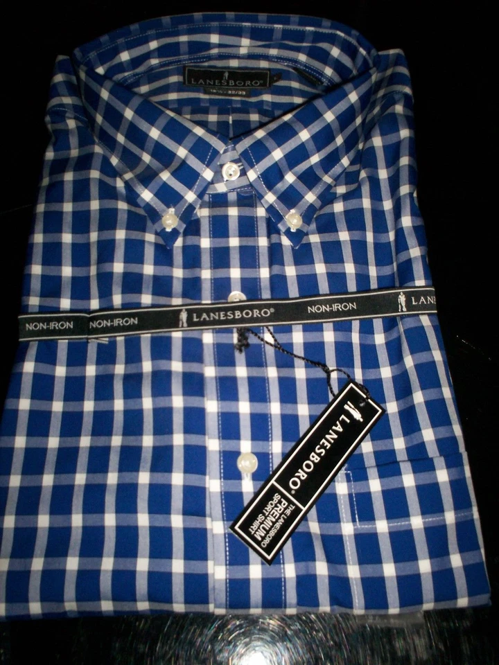 NWT LANESBORO NON IRON SPORT DRESS SHIRT REGULAR FIT-BLUE/WHITE PLAID-15 32/33 - Image 1 of 1