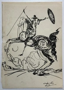 Salvador Dalí (Handmade) Drawing On old Paper Signed & Stamped, Vtg Art - Picture 1 of 4