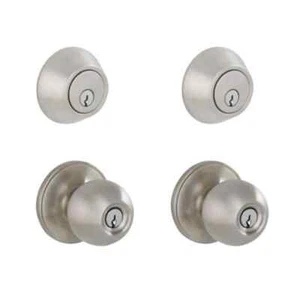 Schlage Morrow Satin Stainless Steel Deadbolt Keyed Entry Door Knob Project Pack - Picture 1 of 1