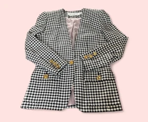 RARE Liz Claiborne Black White Houndstooth Plaid Linen Blend Blazer Gold Buttons - Picture 1 of 14