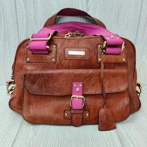 Cartera de cuero Alessandro Dell Acqua en coñac con ribete fucsia  - Imagen 1 de 12