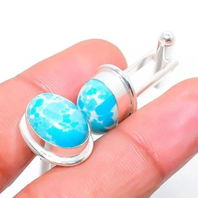 Naturale Larimar Gemma 925 Argento Sterling Gemelli Speciale Regalo Per Tuo Love - Immagine 1 di 4