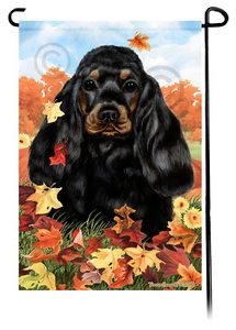 Falling Leaves Garden Flag - Black and Tan Cocker Spaniel - Foto 1 di 1