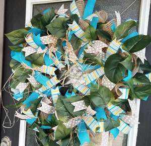 Tropical Turquoise Shabby Plant Deco Mesh Front Door Wreath Summer Home Decor - Picture 1 of 6