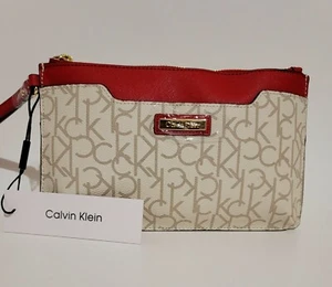 New Calvin Klein Red/Gold Signature Logo Wristlet Clutch Purse Handbag H5DGJ2QA  - Picture 1 of 5