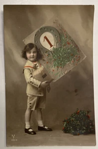 New Years Calendar Date '1' w/ Horseshoe Krinau St Gallen Switzerland RPPC 1914 - Picture 1 of 2