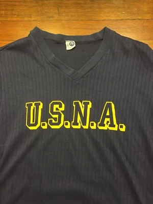 Camiseta Años 80 De Colección USNA Artex Cuello en V Acanalada Destrozada Delgada Suave Pequeña/Mediana Azul Marino Foto 1 de 4
