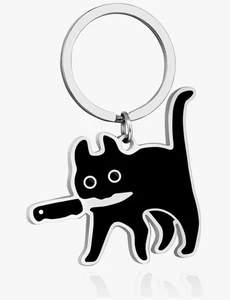 Funny Black Cat With Knife Keychain Cute Cat Lover Halloween Gift New Key Ring - Picture 1 of 4