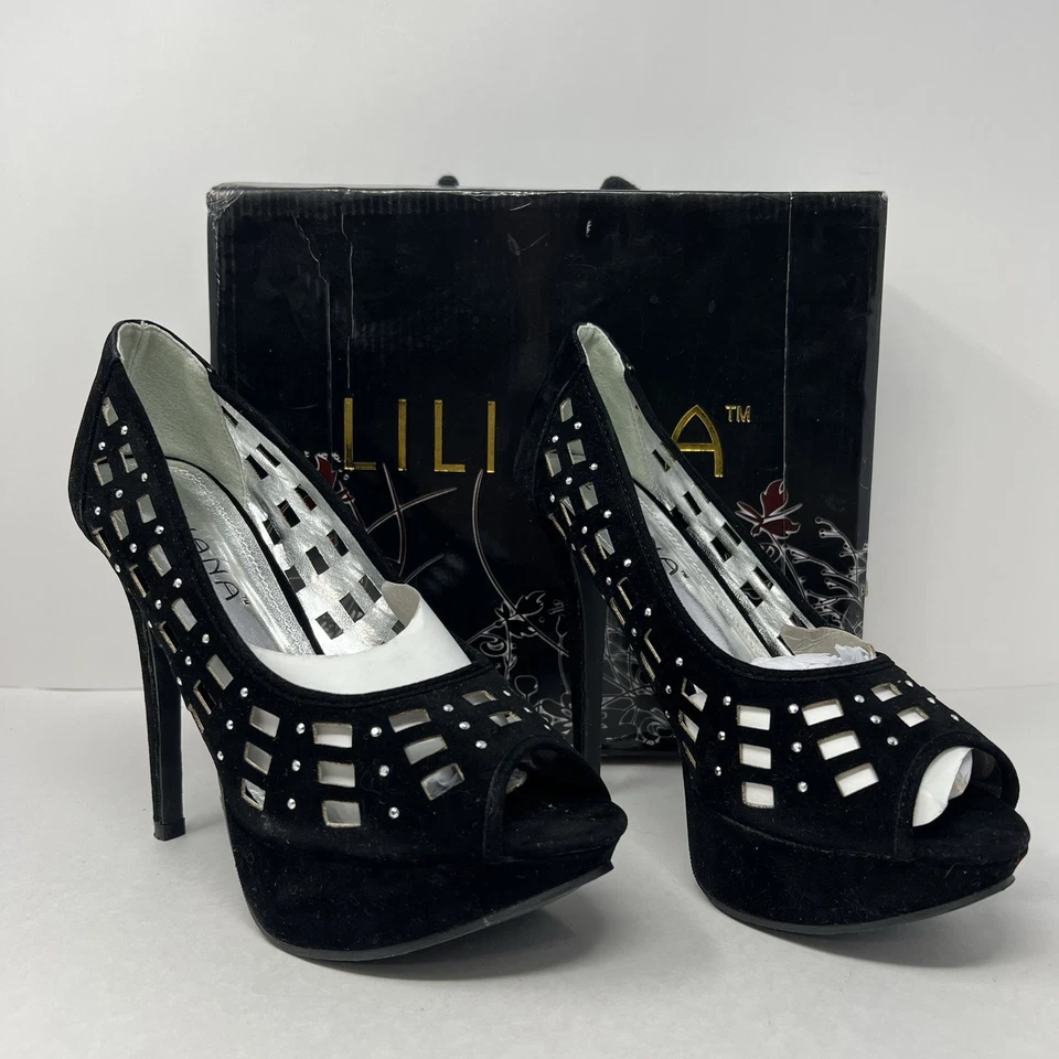 Womens Peep Toe Pumps Slip On Shoes Size 8 Black Studded Party Casual by Liliana - Image 1 of 4