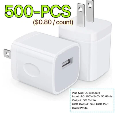 500PCS White USB 1A Power Adapter AC Home Wall Charger US Plug FOR iPhone 5 7 8 - Image 1 of 2
