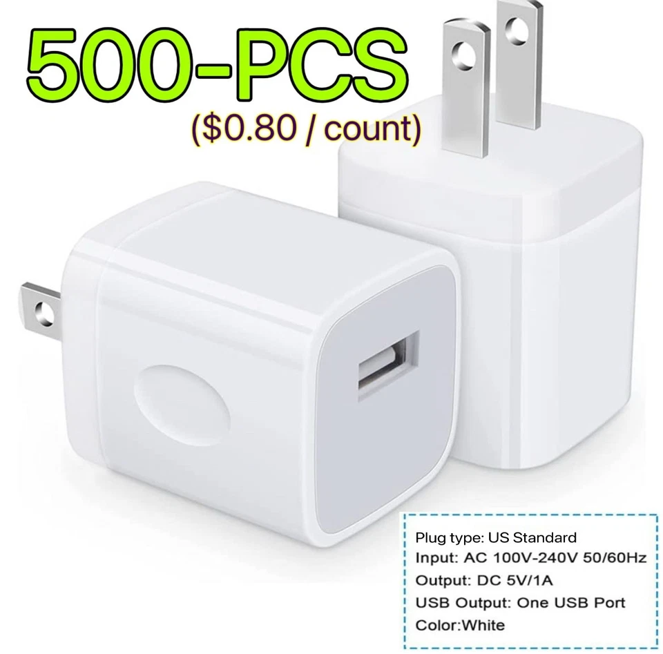 500PCS White USB 1A Power Adapter AC Home Wall Charger US Plug FOR iPhone 5 7 8 - Image 1 of 2