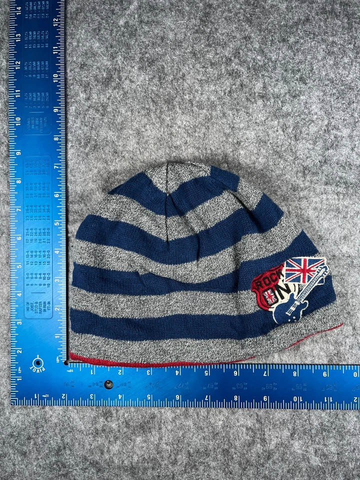 Gymboree Beanie Toque Youth 5-7 Blue Gray Stripe Knit Cotton Rock On Union Jack - Image 1 of 4
