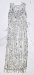 Karen Millen Women's Beaded Fringed Low Back Woven Maxi Dress - Silver-(US 8)NEW - Picture 1 of 19