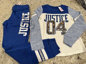 Justice Logo Long Sleeve Football Tee & Logo Stripe Fleece Joggers Size 10 Blue - Picture 1 of 8
