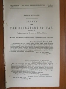 Government Report 3/25/1872 Harbor Mobile Alabama New Orleans LA War Improvement - Imagen 1 de 1