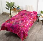 Indian Silk Embroidery Quilt Throw Blanket Twin Size Patchwork Silk Kantha Quilt