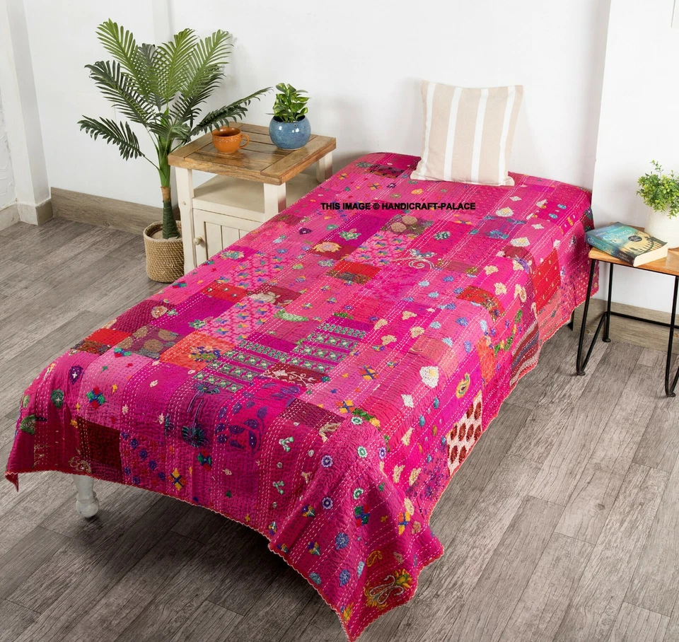 Edredón bordado seda indio manta tamaño doble retazos seda Kantha edredón Foto 1 de 1
