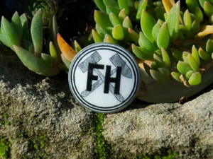 SMALL VINTAGE HAND MADE ENAMEL BADGE # FH MINING - Picture 1 of 2