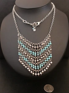 Lucky Brand Boho Faux Turquoise Beaded Chain Mail Chevron Pendant Necklace 29” - Picture 1 of 3
