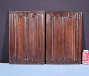 Vintage Pair of French Gothic Revival Panels in Beech Wood w/Linen Fold Carvings - Picture 1 of 14