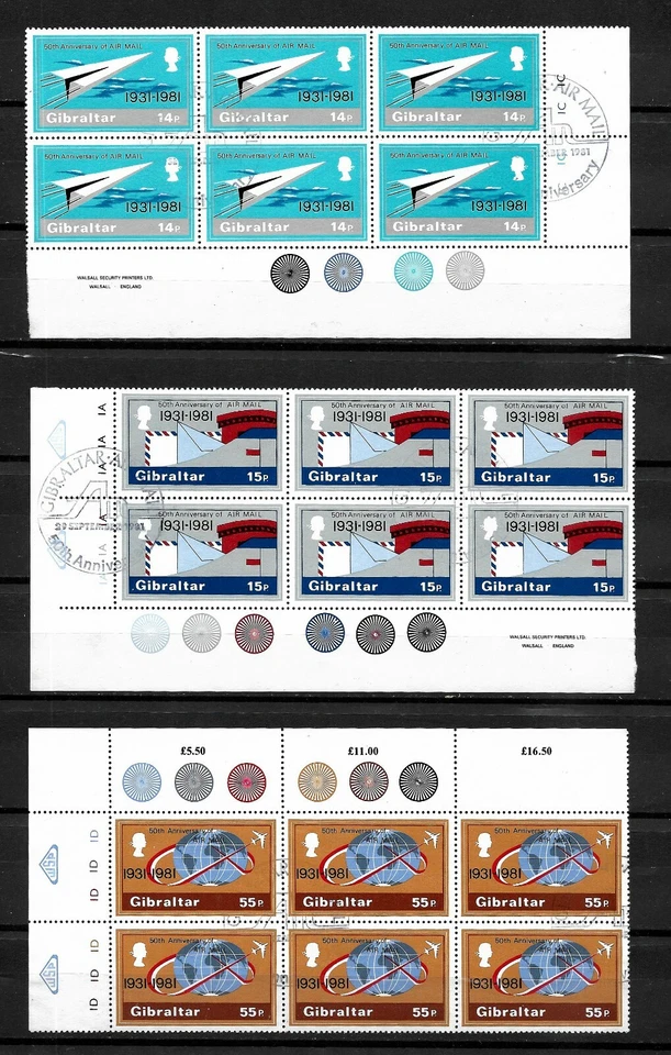Gibraltar 1981 Airmail anniversary set corner blocks of 6 special cancels (G274) - Image 1 of 1