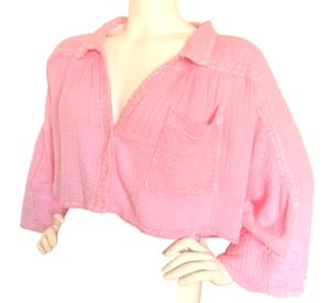 Free People Button Down Shirt Cropped Pink Gauze Top L - Picture 1 of 11