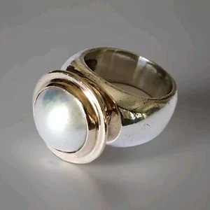 Vintage 14k Gelbgold MABE Perlen Ring modern schwer Silber und Gold Größe 6 - Bild 1 von 11