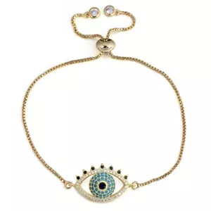 Evil Eye Cute Eyelash Gold Blue Pave Cubic Zirconia ThinAdjustable Bracelet - Picture 1 of 3