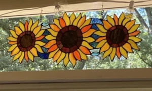 22" Girasol Trío Estilo Tiffany Vitral Floral Ventana Panel Atrapasol - Imagen 1 de 11