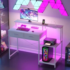 120cm Gaming Desk LED Lights Reversible Printer Shelf Computer Table White - Picture 1 of 9