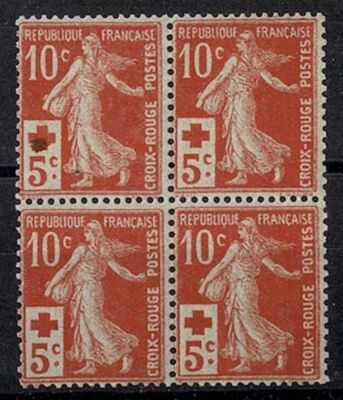 FRANCE YVERT 147 SCOTT B2 "RED CROSS SOWER 10c+5c BLOCK 4 OF STAMPS" MNH VF J474 - Image 1 of 2