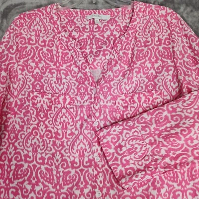 Blusa para mujer Coral Bay XL rosa blanca estampado batik mezcla de lino lazo cintura boho Foto 1 de 4