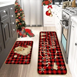 Christmas Kitchen Floor Mats Set of 2 - Buffalo Plaid Snowflakes and Santa Cl... - Picture 1 of 7